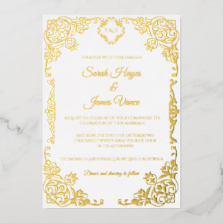 Invitación Con Relieve Metalizado Elegante Botánico con Hojalata de Oro Real