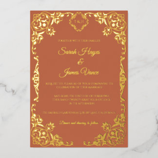 Invitación Con Relieve Metalizado Elegante Botánico con Hojalata de Oro Real
