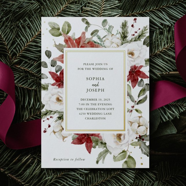 Invitación Con Relieve Metalizado Elegante Bouquet | Navidades Boda de vacaciones Go (A beautiful, elegant Christmas wedding invitation with shimmering gold foil accents)