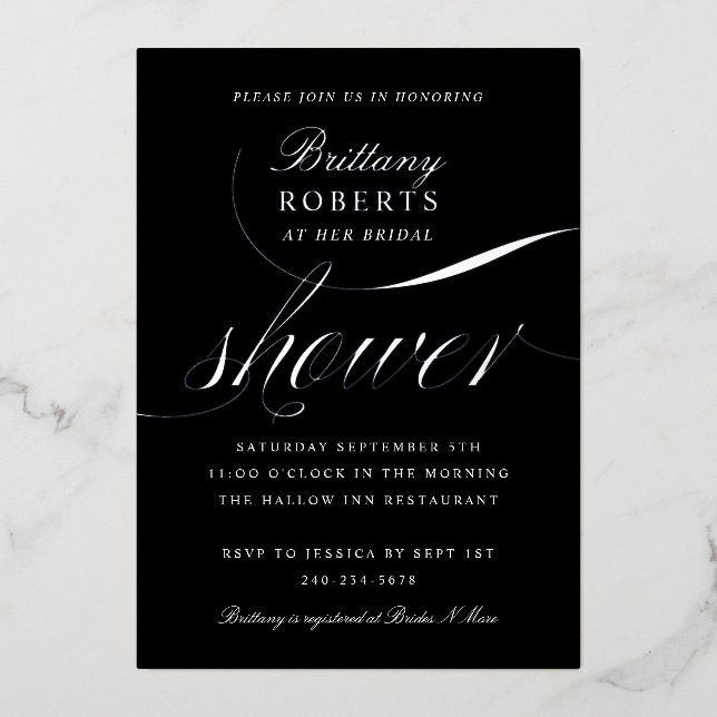 Invitación Con Relieve Metalizado Elegante Bridal Shower Black Silver (Anverso)