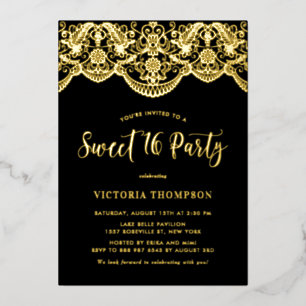 Invitación Con Relieve Metalizado Elegante Brocade Lace Black Sweet 16 Fiesta