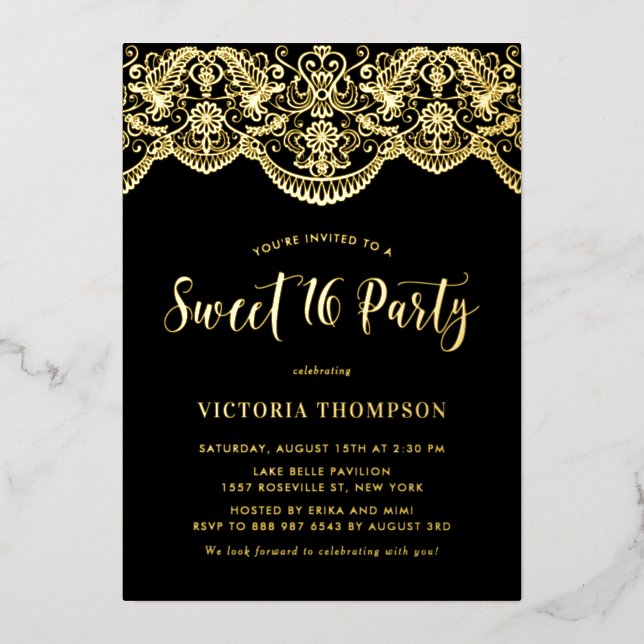 Invitación Con Relieve Metalizado Elegante Brocade Lace Black Sweet 16 Fiesta (Anverso)