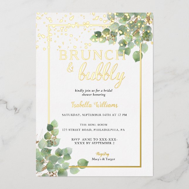 Invitación Con Relieve Metalizado Elegante Brunch & Bubbly Green Bridal Shower (Anverso)