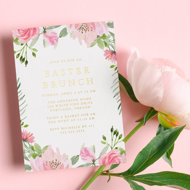 Invitación Con Relieve Metalizado Elegante Brunch de Pascua Floral de Agua Rosa (Subido por el creador)