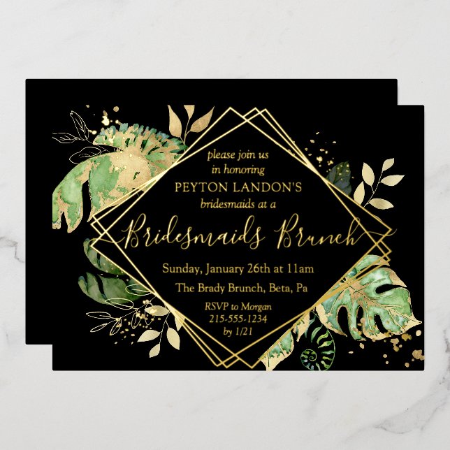 Invitación Con Relieve Metalizado Elegante brunch Tropical Black & Gold Bridesmaids (Anverso/Reverso)