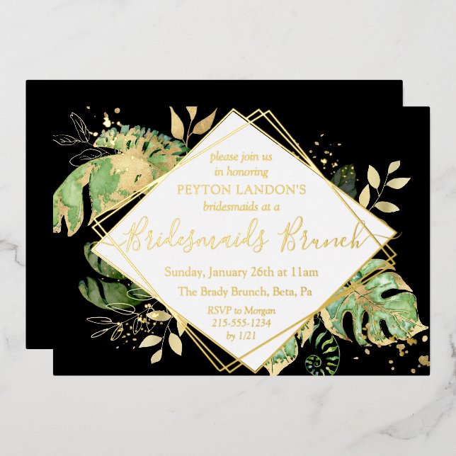 Invitación Con Relieve Metalizado Elegante brunch Tropical Black & Gold Bridesmaids (Anverso/Reverso)