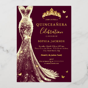 Invitación Con Relieve Metalizado Elegante Burgundy Oro Mariposa Quinceanera