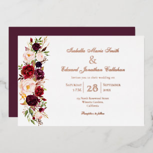 Invitación Con Relieve Metalizado Elegante Burgundy y Rosa Floral Rosa Dorado
