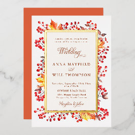 Invitación Con Relieve Metalizado Elegante caída deja Boda de marco de Berries rojas