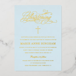 Invitación Con Relieve Metalizado Elegante Caligrafía Azul Claro Bautizo Dorado
