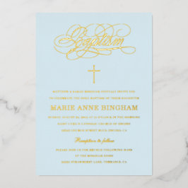 Invitación Con Relieve Metalizado Elegante Caligrafía Azul Claro Bautizo Dorado