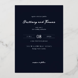 Invitación Con Relieve Metalizado Elegante Caligrafía Azul Marino