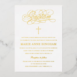 Invitación Con Relieve Metalizado Elegante caligrafía bautismo oro
