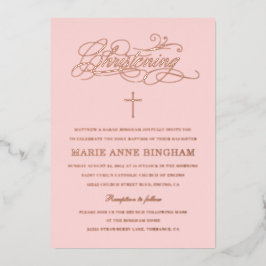 Invitación Con Relieve Metalizado Elegante Caligrafía Bautizo Rosa Rubor