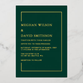 Invitación Con Relieve Metalizado Elegante caligrafía Boda de oro verde esmeralda