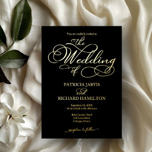 Invitación Con Relieve Metalizado Elegante caligrafía Boda Oro Negro