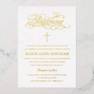 Invitación Con Relieve Metalizado Elegante caligrafía Christening Gold