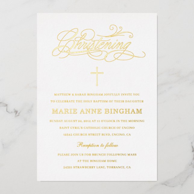 Invitación Con Relieve Metalizado Elegante caligrafía Christening Gold (Anverso)