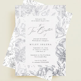 Invitación Con Relieve Metalizado Elegante caligrafía cruzada Floral Plata Bautismo