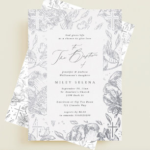 Invitación Con Relieve Metalizado Elegante caligrafía cruzada Floral Plata Bautismo