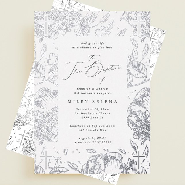 Invitación Con Relieve Metalizado Elegante caligrafía cruzada Floral Plata Bautismo (Subido por el creador)