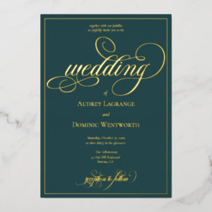 Invitación Con Relieve Metalizado Elegante Caligrafía de Bodas en Tinta Azul Verde y