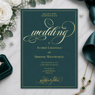 Invitación Con Relieve Metalizado Elegante Caligrafía de Bodas en Tinta Azul Verde y