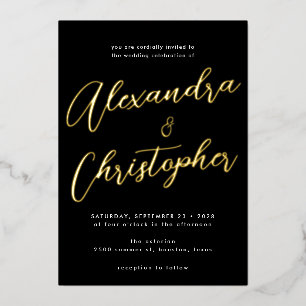 Invitación Con Relieve Metalizado Elegante Caligrafía de Floritura Negra Boda Dorada