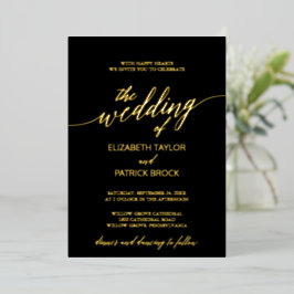 Invitación Con Relieve Metalizado Elegante Caligrafía de Hoja de Oro | Boda Negra