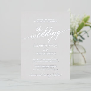Invitación Con Relieve Metalizado Elegante Caligrafía de Lámina de Plata Boda Gris