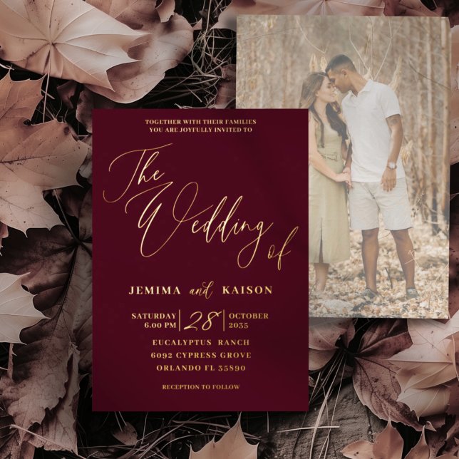 Invitación Con Relieve Metalizado Elegante caligrafía de oro Boda de Borgoña (Subido por el creador)