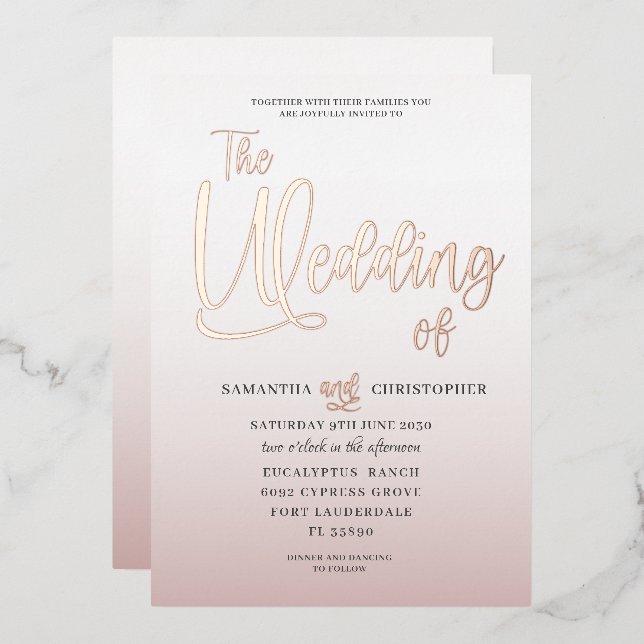 Invitación Con Relieve Metalizado Elegante caligrafía de oro Rosa El Boda de (Anverso/Reverso)