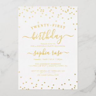 Invitación Con Relieve Metalizado Elegante Caligrafía de Papel de Oro Cumpleaños 21 
