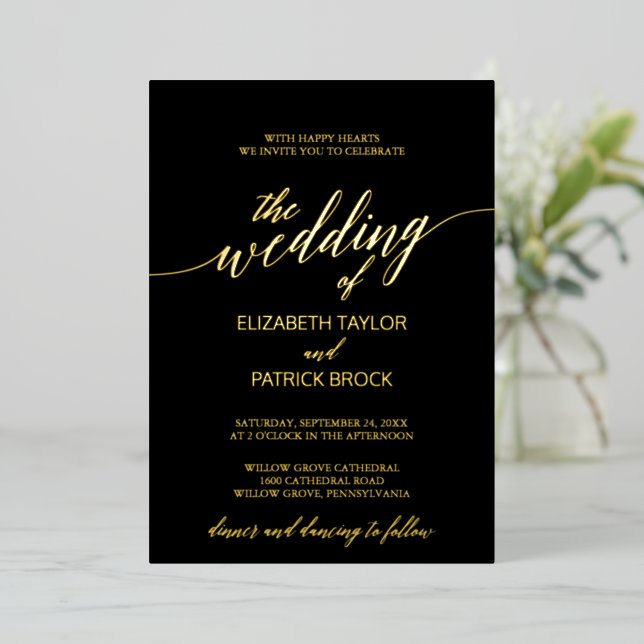 Invitación Con Relieve Metalizado Elegante caligrafía de Relieve metalizado dorado | (Anverso de pie)