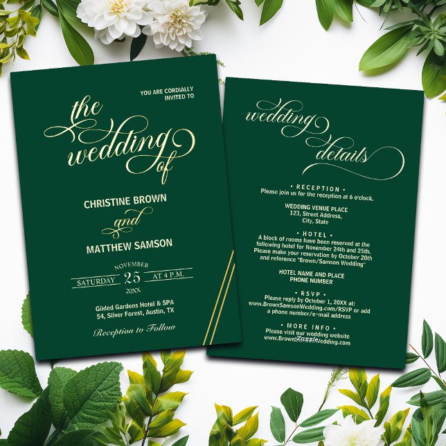 Invitación Con Relieve Metalizado Elegante caligrafía detalles del Boda Verde azulad (Subido por el creador)