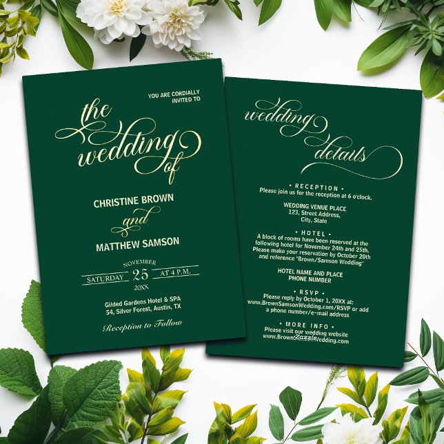 Invitación Con Relieve Metalizado Elegante caligrafía detalles del Boda Verde azulad (Subido por el creador)