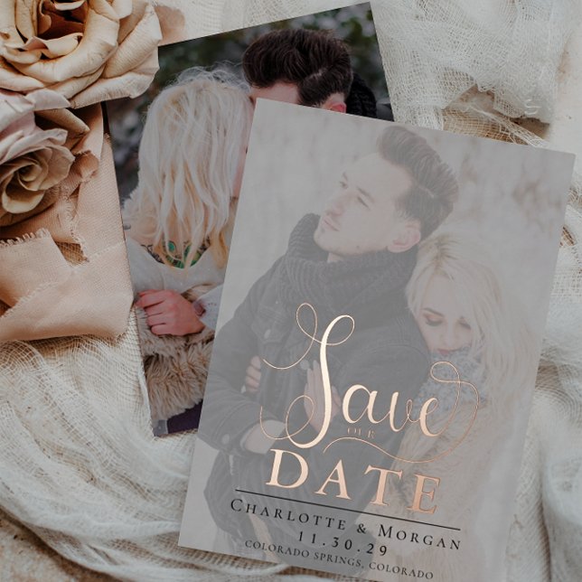 Invitación Con Relieve Metalizado Elegante caligrafía dos foto Guardar la fecha (Subido por el creador)