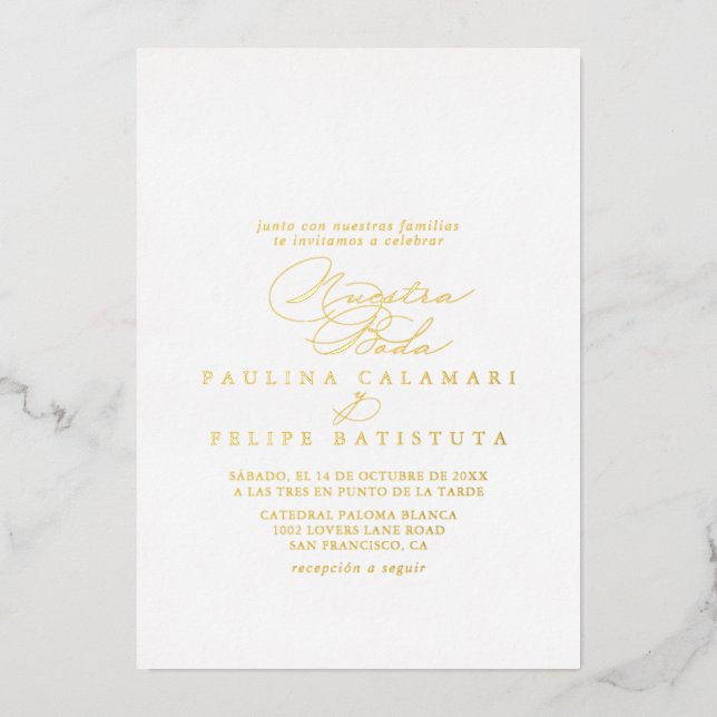 Invitación Con Relieve Metalizado Elegante caligrafía elegante Nuestra Boda Gold (Anverso)