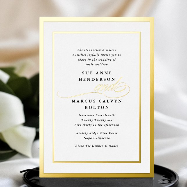 Invitación Con Relieve Metalizado Elegante caligrafía formal Boda de marco dorado (Subido por el creador)