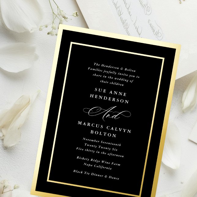 Invitación Con Relieve Metalizado Elegante caligrafía formal Onyx Boda de marco dora (Subido por el creador)