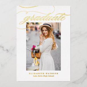 Invitación Con Relieve Metalizado Elegante Caligrafía Foto Graduación Dorado
