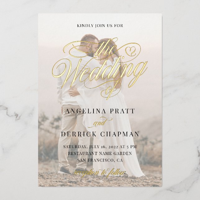 Invitación Con Relieve Metalizado Elegante caligrafía fotográfica clásica de Persona (Anverso)