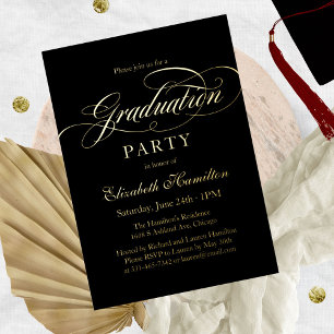 Invitación Con Relieve Metalizado Elegante Caligrafía Grad Fiesta Negro Y Oro