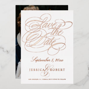 Invitación Con Relieve Metalizado Elegante Caligrafía Guardar la Fecha Foto Rosa Dor