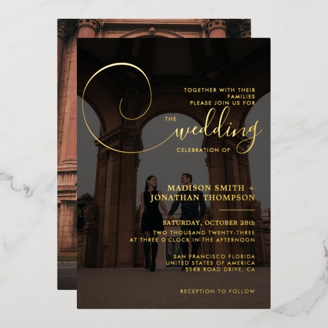 Invitación Con Relieve Metalizado Elegante caligrafía guión Boda de fotografía gris  (Anverso/Reverso)