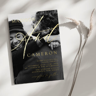 Invitación Con Relieve Metalizado Elegante caligrafía guión Boda de fotografía oro