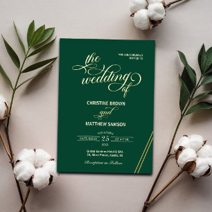 Invitación Con Relieve Metalizado Elegante caligrafía Líneas de oro Boda Verde azula