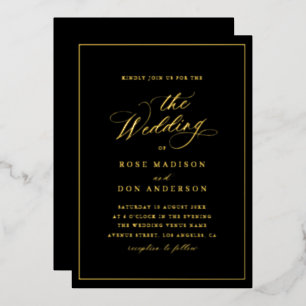 Invitación Con Relieve Metalizado Elegante caligrafía oro foil negro boda