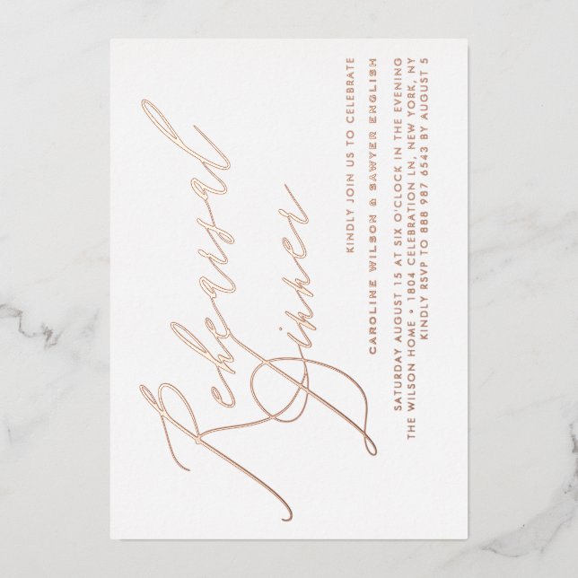 Invitación Con Relieve Metalizado Elegante caligrafía Rosa de oro Cena de ensayo (Anverso)