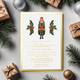 Invitación Con Relieve Metalizado Elegante Casa Abierta de Navidad Cascanueces Dorad
